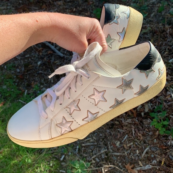 Saint Laurent Paris bright white silver star navy Sneakers Sz 42 1/2 designer - Picture 3 of 17